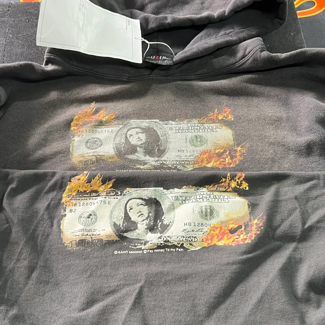 Printing proofing SAINT Mxxxxxx × PAY MONEY TO MY PAIN PTP_HOODIE/BRAND MONEY/BLK joint model PTP Virgin dollar hoodie washed black S-XL